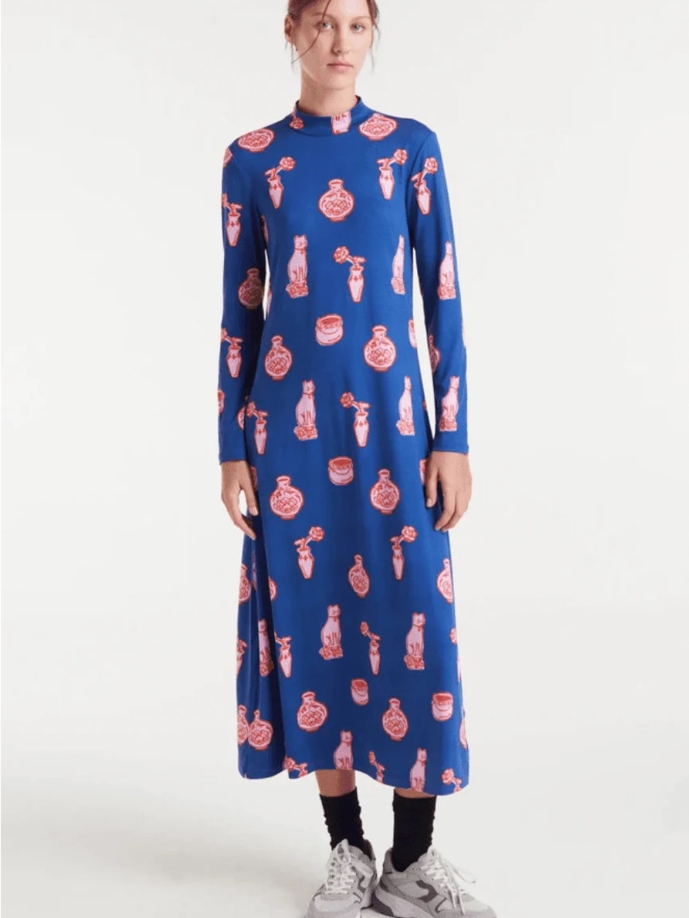 Blue Long-Sleeve Printed Midi Dress with Pink Motif and cats